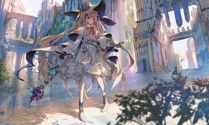 Chi MaoMao in a white dress in a ruined city