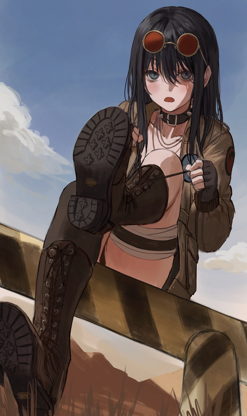 Girl in military jacket and boots with goggles