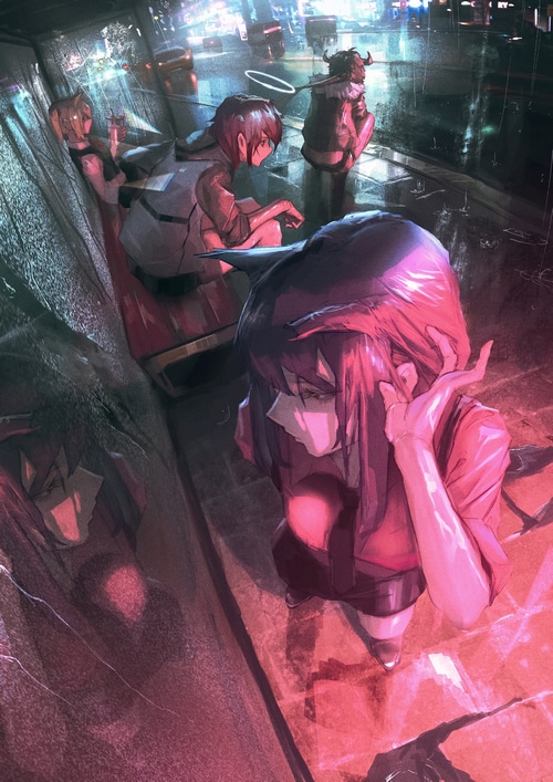Arknights characters Exusiai and Texas in the rain