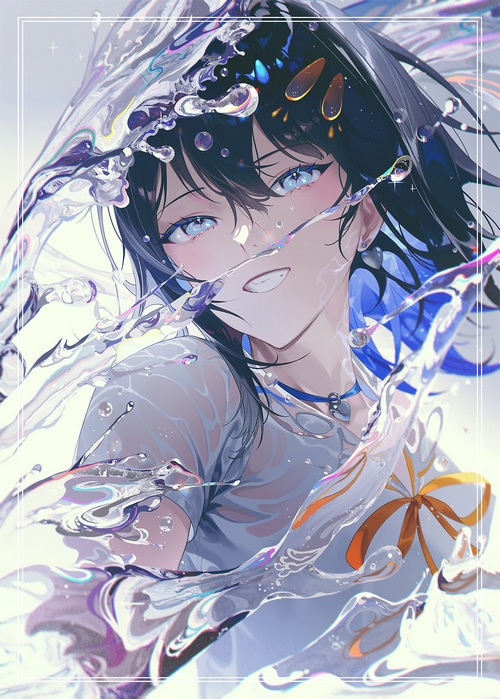Anime girl with blue eyes and blue hair in water