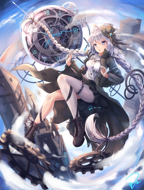 Anime girl with braids and blue eyes in steampunk setting