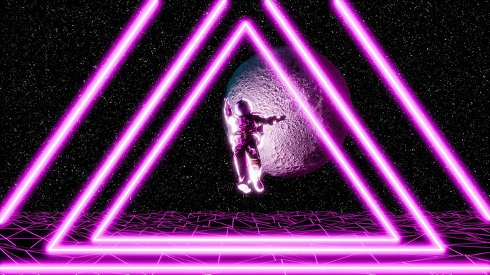 Astronaut in Space with Neon Triangles and Moon