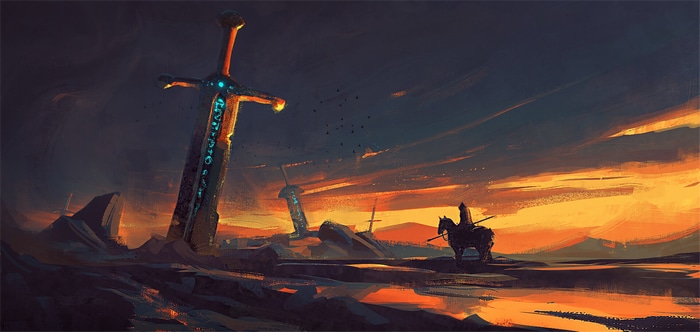Giant swords in a fantasy landscape at sunset