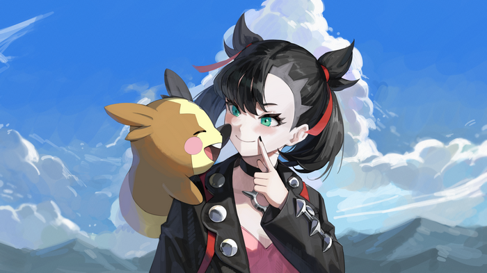 4K Pokémon artwork of Marnie with Morpeko