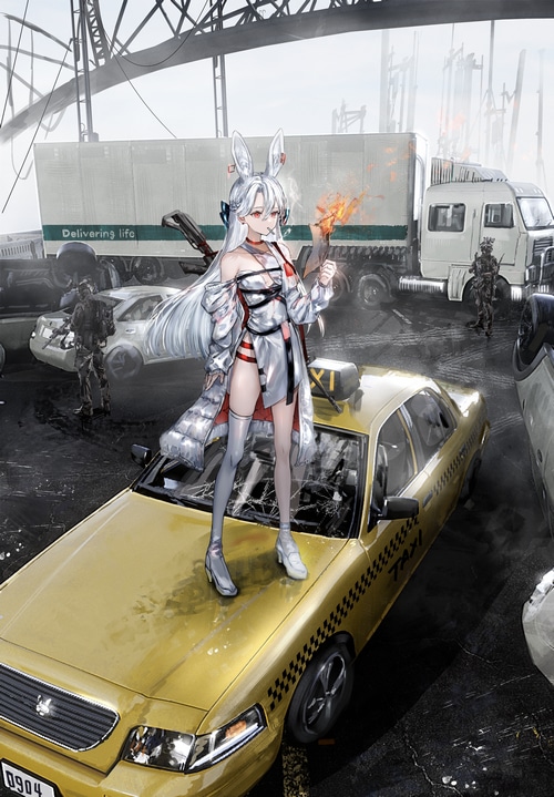 Girl with bunny ears and gun on a taxi
