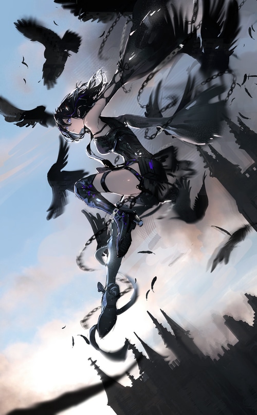 Anime girl with black wings and crows