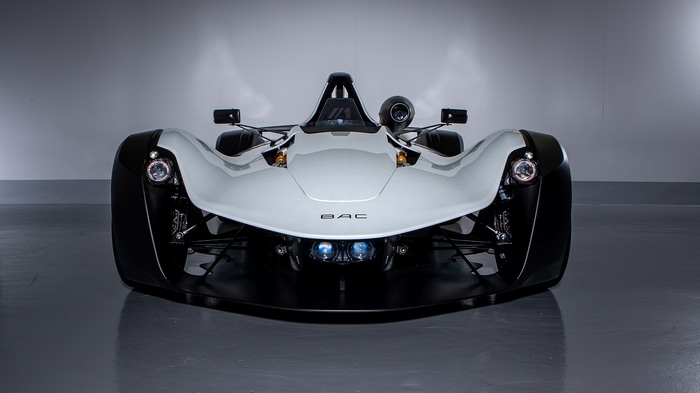 White BAC Mono R race car in studio