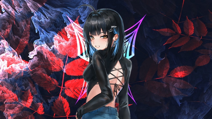 Anime girl with black top and blue hair streaks