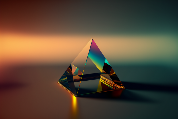 Glass pyramid with rainbow refractions on a blurry background