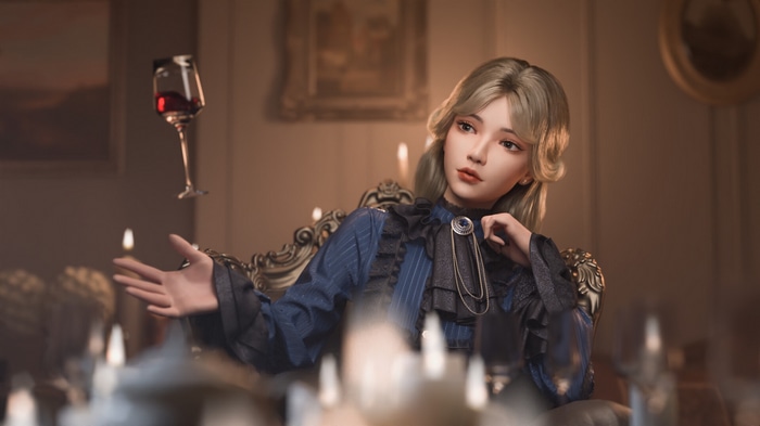 JueFei Kay with a glass of wine