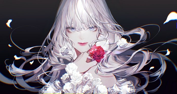 4K anime girl with white hair and blue eyes holding a rose