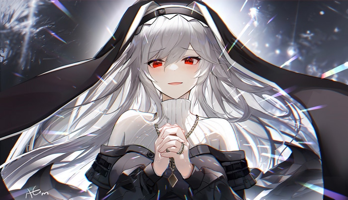 Specter in a nun outfit with red eyes