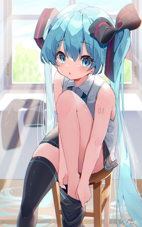 Hatsune Miku putting on thigh-high socks