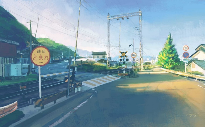 Japanese railroad crossing with road signs