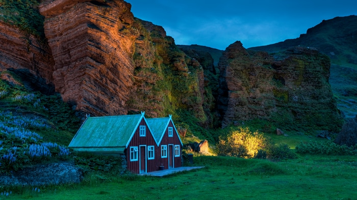 4K Iceland landscape with houses and mountains