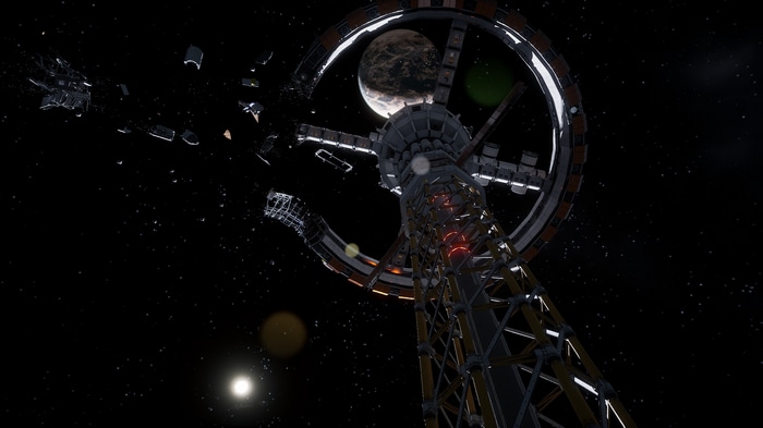Space station in orbit with debris and a planet
