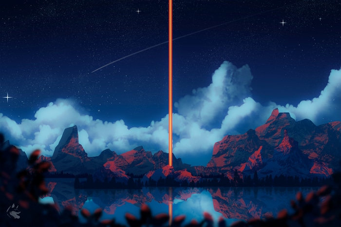 4K night skybeam over mountains reflected in lake