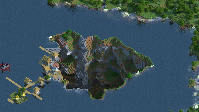 Minecraft island village with a large mountain