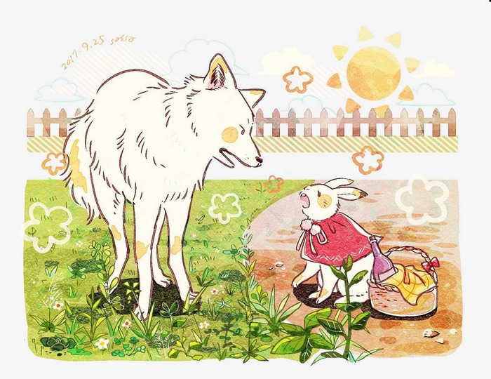 A fox and a rabbit in a grassy field