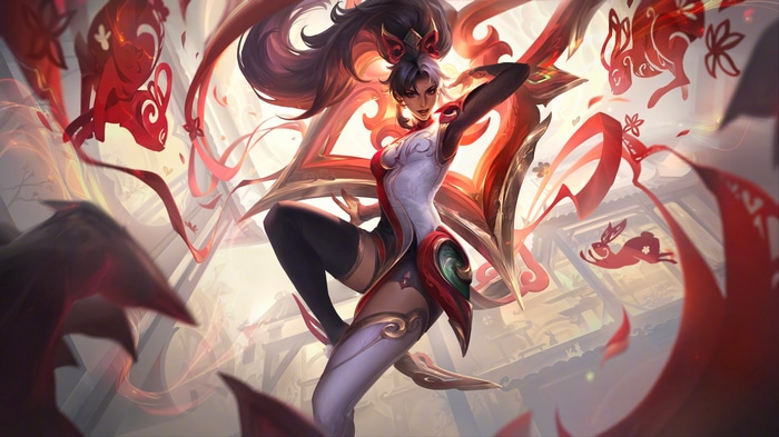 4K League of Legends character with red ribbons and rabbits