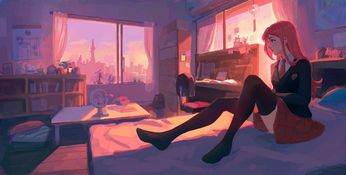 Star Guardian Jinx in her bedroom at sunset