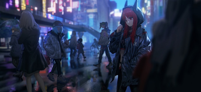 Girl with red eyes and cat ears in a city at night