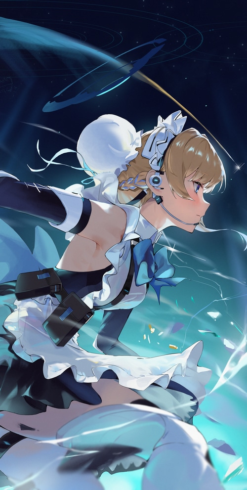 Maid with headphones in space
