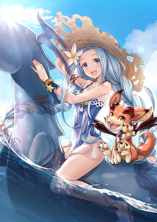 Girl in straw hat riding a dolphin with a small dragon