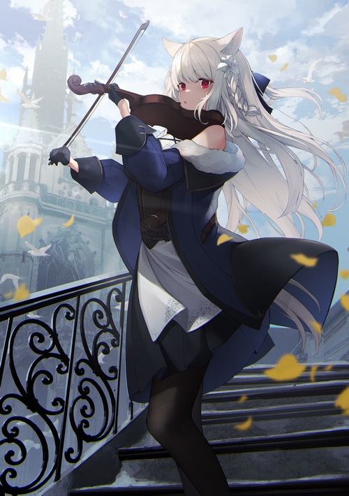 Anime girl with white hair playing violin on stairs