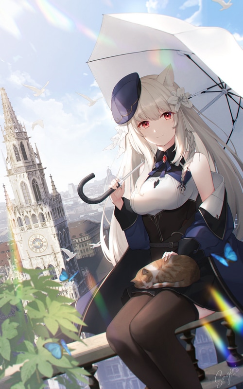 Anime girl with cat and umbrella in city