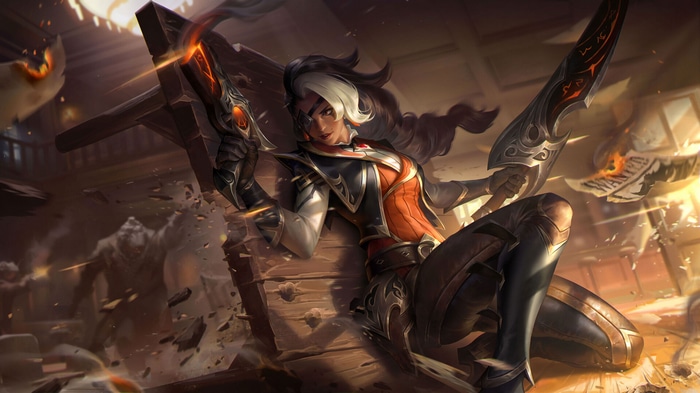 Samira from League of Legends with guns and sword