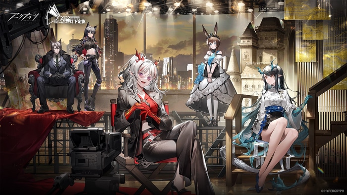 Arknights characters in a film set setting