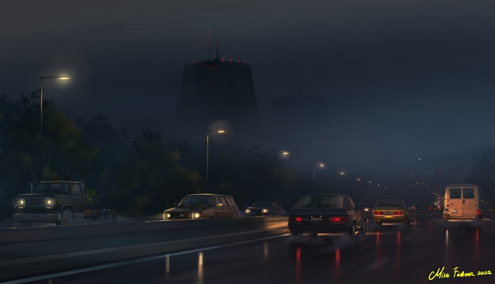 Nightscape with cars on a wet road and Mike Fazbear artwork