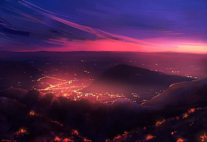 Artwork of a city at sunset by Mike Fazbear