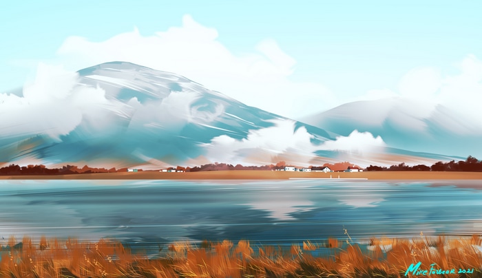 Mike Fazbear landscape painting of mountains and a lake