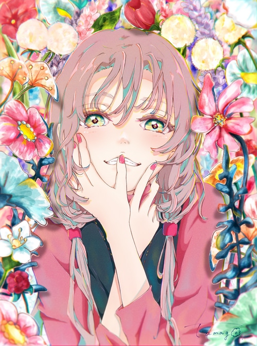 Anime girl with pink twintails and green eyes surrounded by flowers