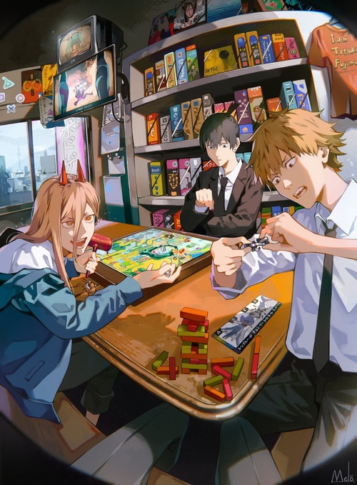 Power, Denji, and Aki playing a board game
