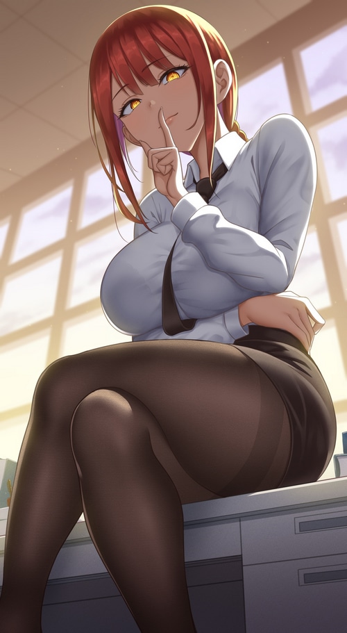 Makima from Chainsaw Man making a hush gesture