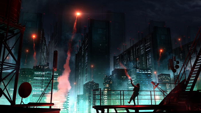 Futuristic cityscape at night with flares