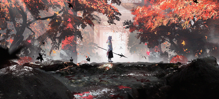 Anime character with a spear in a forest