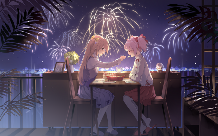 Two anime girls eating under fireworks