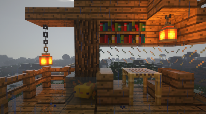 Minecraft house with rain and axolotl