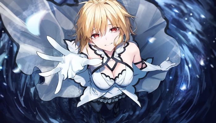 Saber Alter in a white dress with red eyes