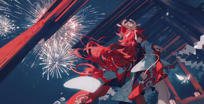 Yae Miko and fireworks in Genshin Impact