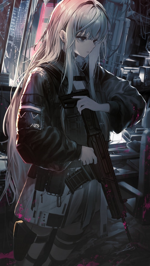 Girl with a gun in a futuristic city