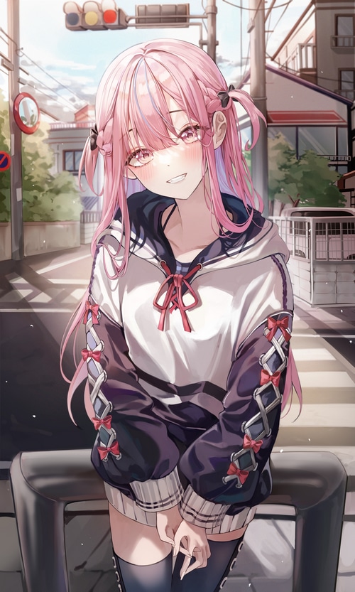 Anime girl with pink hair and pink eyes at a crosswalk