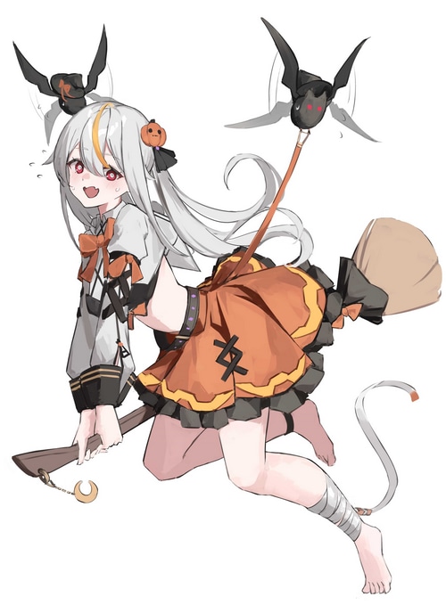 Halloween witch girl with broom and bats