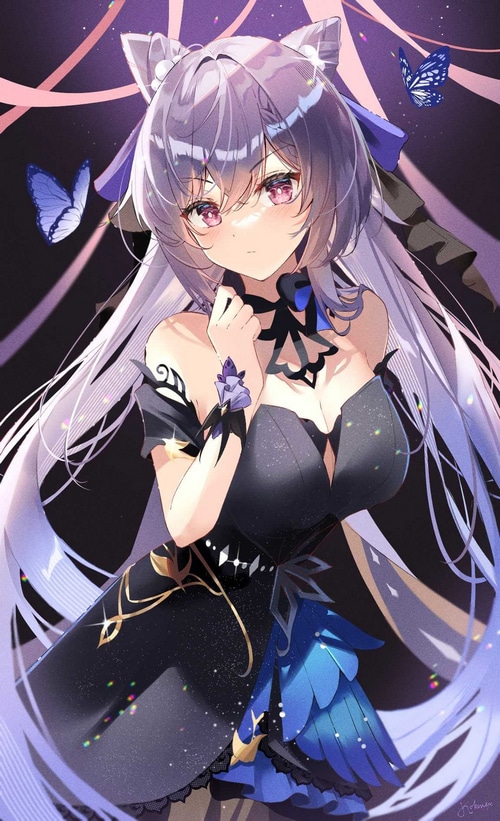 Keqing from Genshin Impact with butterflies