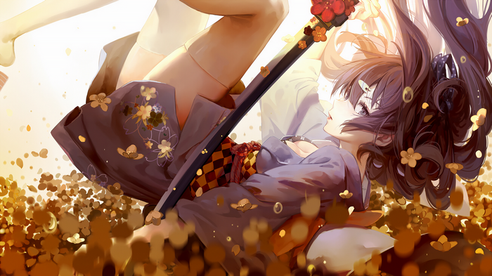 Girl with sword surrounded by flowers and petals