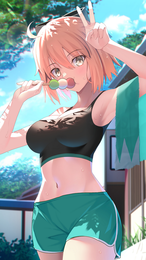Anime girl eating dango with peace sign